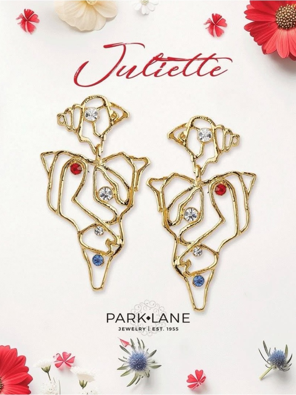 Park Lane Gold Floral Juliette Drop Earrings with Red, Blue & Clear Stones